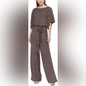 jessica howard elegant black and silver stripped formal jumpsuit